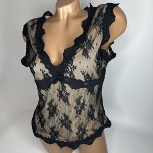 Y2K Black Lace Mesh Top M Lined Floral Scallop Trim Gothic Romantic Coquette
